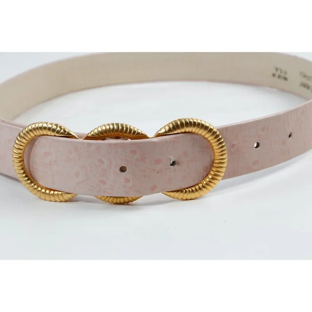 VTG Carlisle Blush Pink Ostrich Leather Belt Gold Ribbed Triple Ring Buckle M
